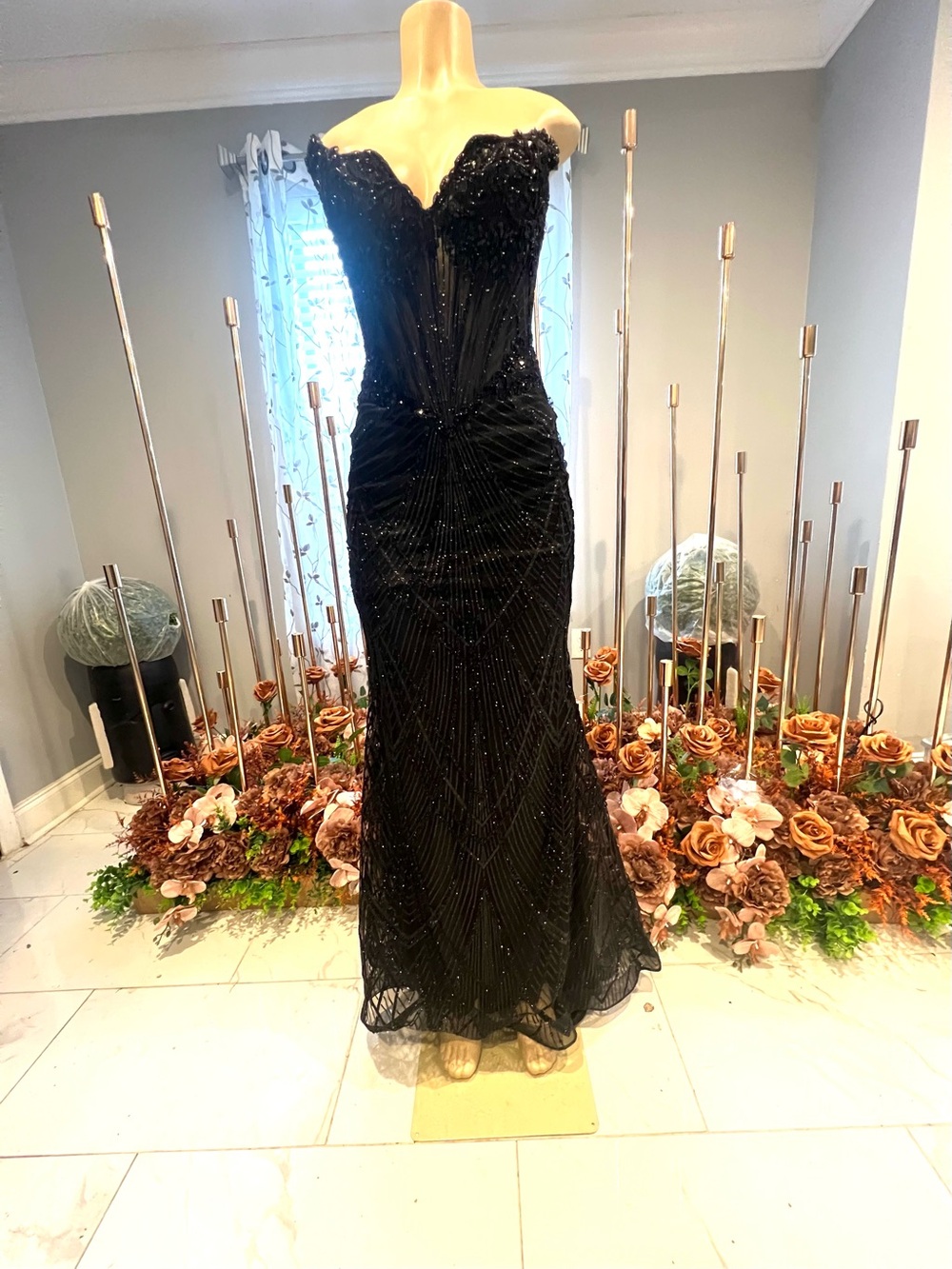 Black Off-Shoulder Beaded Prom Gown